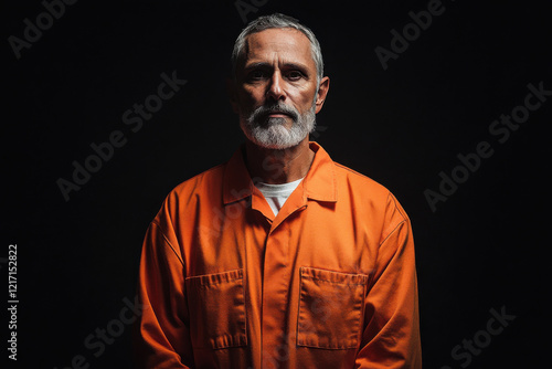 Prisoner on black background. Portrait of offender in jail. Generated AI photo