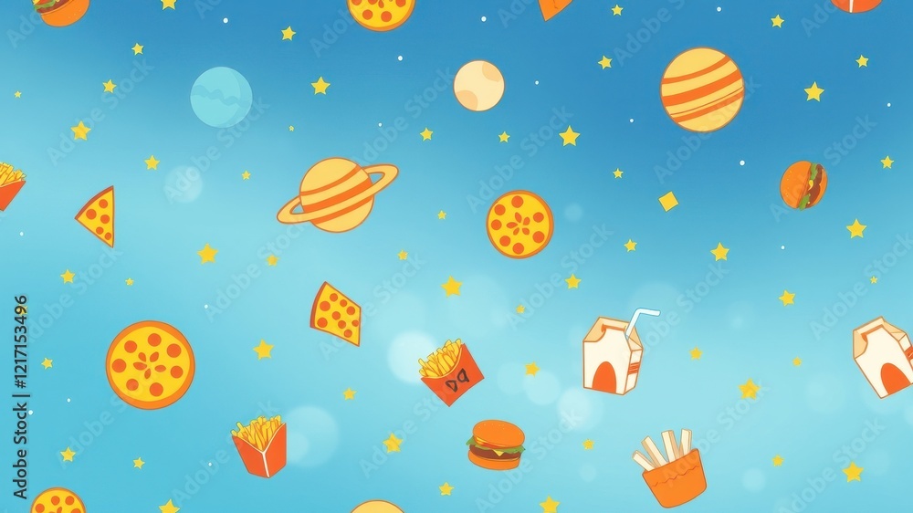 Celestial Fast Food Delight A whimsical pattern of planets, stars, and various delectable treats floating in a vibrant blue expanse. Celestial Fast Food Delight A whimsical pattern of planets, stars, and various delectable treats floating in a vibrant blue expanse.