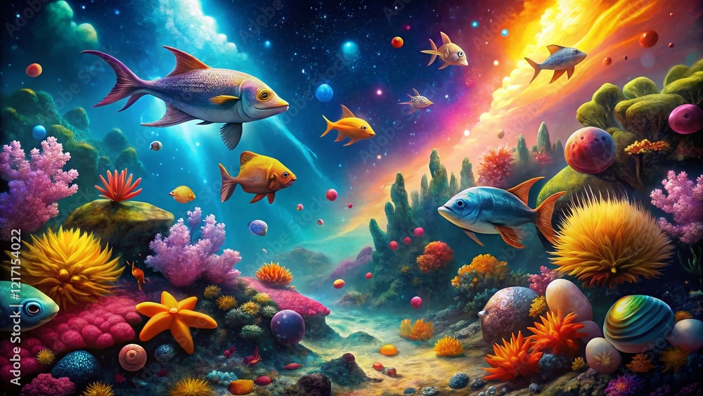 Whimsical Cartoon Sea Creatures in Space: Text Overlay Stock Photo Whimsical Cartoon Sea Creatures in Space: Text Overlay Stock Photo