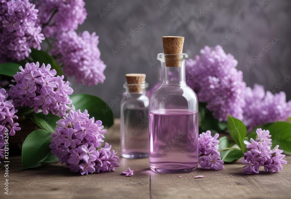 Glass bottle with lilac essential oil and fresh blooming lilac flowers, aroma diffuser, holistic, relaxation Glass bottle with lilac essential oil and fresh blooming lilac flowers, aroma diffuser, holistic, relaxation