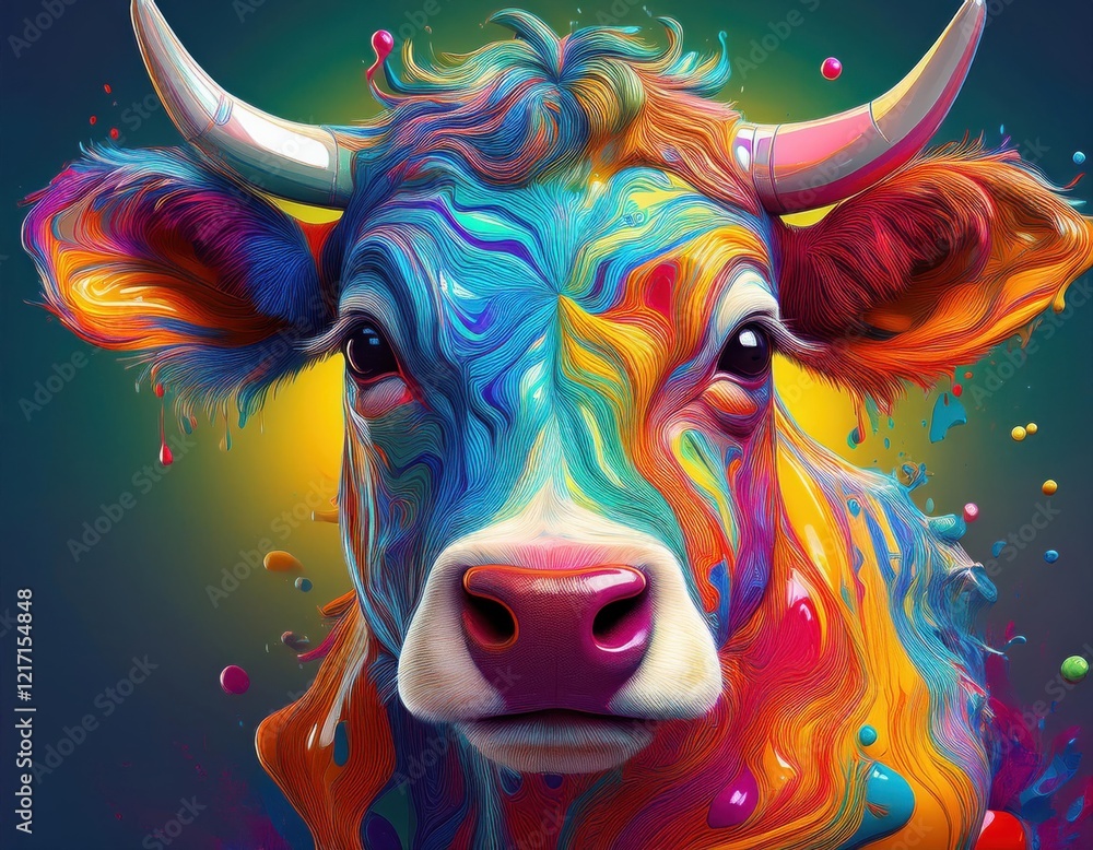 A bold and vibrant abstract portrait of a cow, featuring colorful swirling patterns and dripping paint effects in a dynamic composition. A bold and vibrant abstract portrait of a cow, featuring colorful swirling patterns and dripping paint effects in a dynamic composition.
