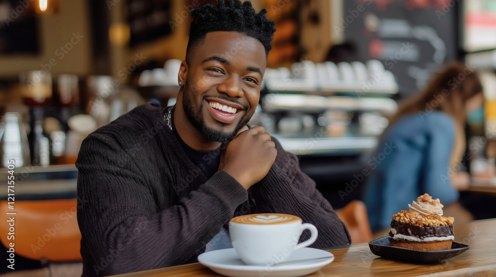 Stylish African American Man Enjoying Coffee and Cake in Modern Cafe with Warm Atmosphere and Cheerful Expression Stylish African American Man Enjoying Coffee and Cake in Modern Cafe with Warm Atmosphere and Cheerful Expression