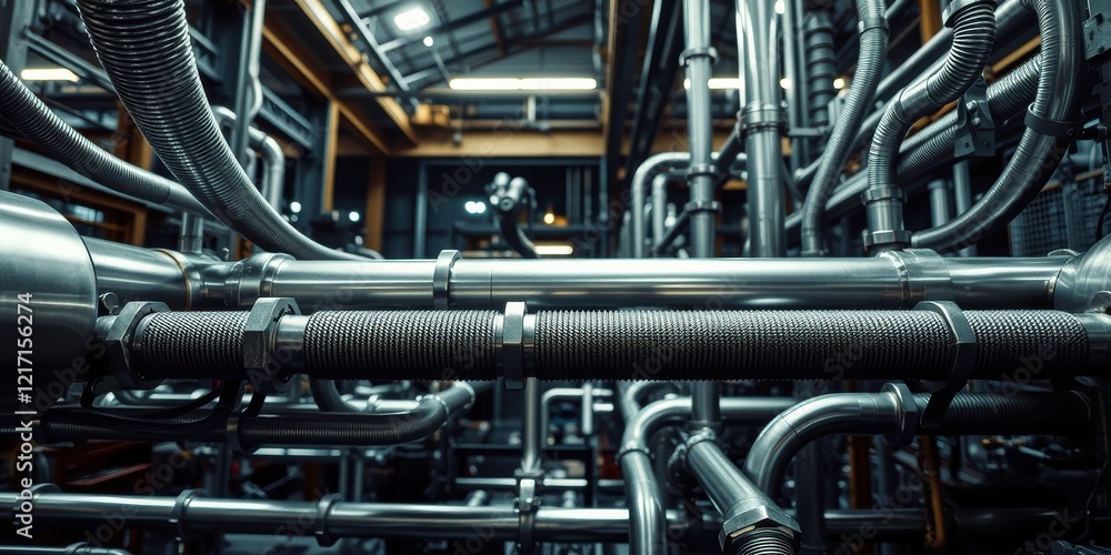 Complex Industrial Piping System A Detailed Close-up of Interconnected Metal Tubes and Flexible Connectors in a Manufacturing Facility Complex Industrial Piping System A Detailed Close-up of Interconnected Metal Tubes and Flexible Connectors in a Manufacturing Facility