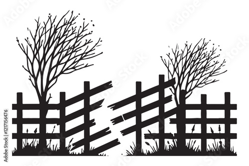 Broken Wooden Fence with Trees Silhouette Vector Illustration