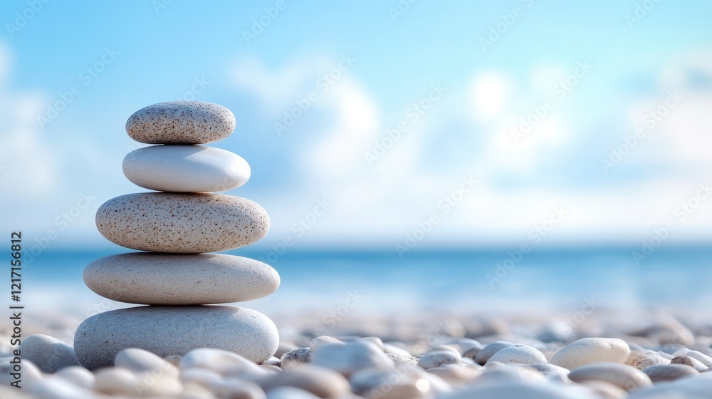 Serene Beach Pebbles with Soft Bokeh Ocean Background Serene Beach Pebbles with Soft Bokeh Ocean Background