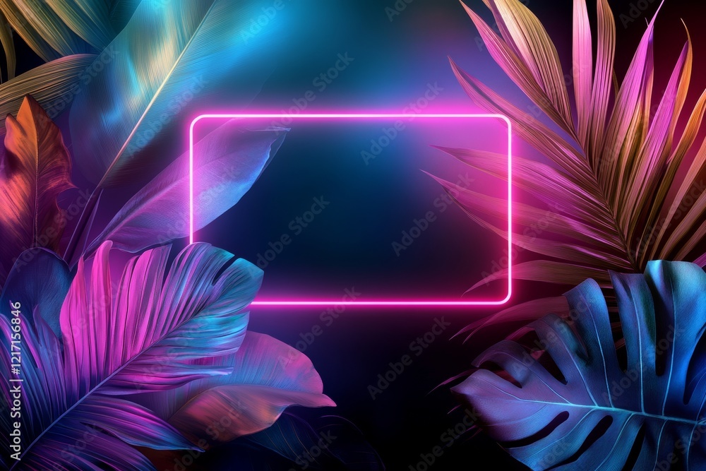 Obraz premium Neon Glow in the Jungle: A vibrant pink neon light frame illuminates a jungle scene, with tropical foliage bathed in a neon glow. The frame creates a captivating space for your text or design. 
