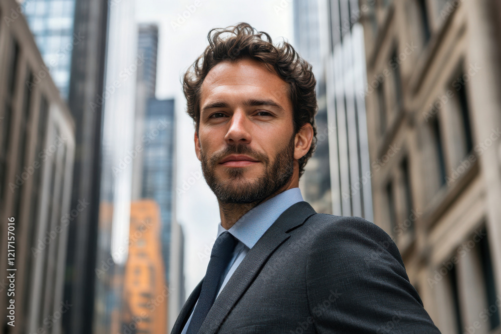 Portrait of caucasian businessman on blurred office building background. Confident, successful and smart man wearing suit outdoors. Generated AI Portrait of caucasian businessman on blurred office building background. Confident, successful and smart man wearing suit outdoors. Generated AI