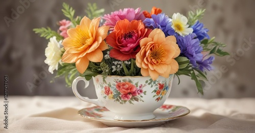 Wallpaper Mural Close-up of a watercolor bouquet with vibrant colors in a vintage teacup, close-up, flowers, colors Torontodigital.ca