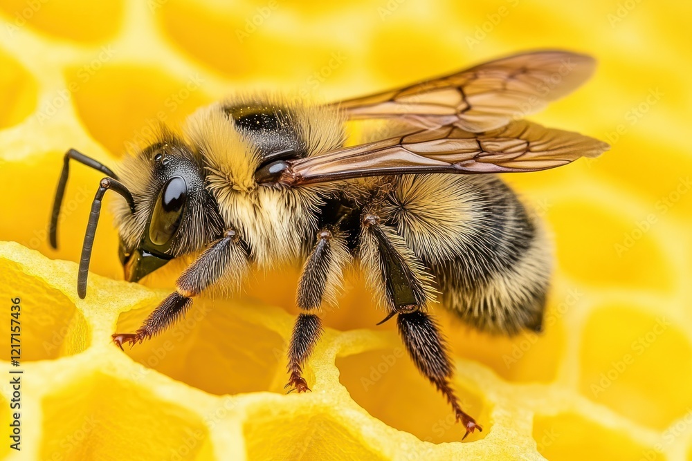 Close-up of a Bumblebee Collecting Nectar on a Honeycomb, Showcasing its Detailed Features and the Beauty of Nature's Pollinators in Vibrant Yellow Background Close-up of a Bumblebee Collecting Nectar on a Honeycomb, Showcasing its Detailed Features and the Beauty of Nature's Pollinators in Vibrant Yellow Background