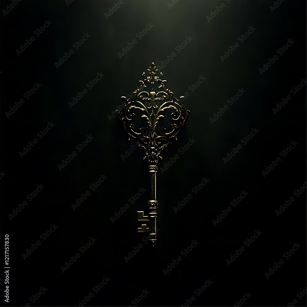 Ornate golden key on dark background. Ornate golden key on dark background.