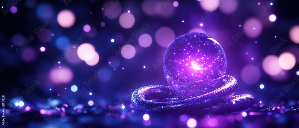 A glowing, purple orb surrounded by sparkling particles creates a mystical and enchanting atmosphere. A glowing, purple orb surrounded by sparkling particles creates a mystical and enchanting atmosphere.