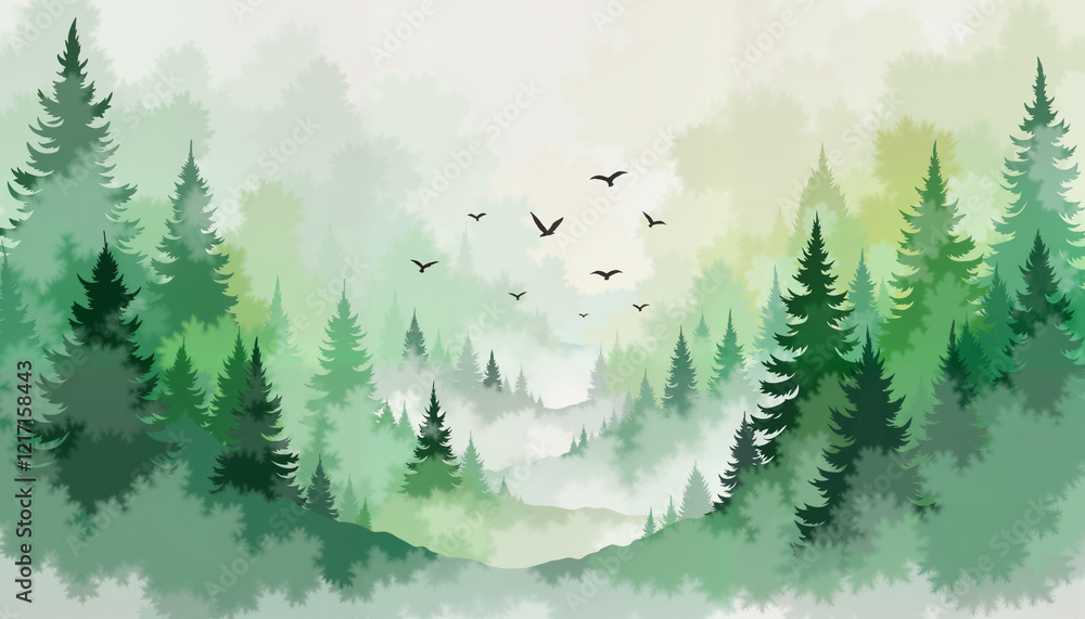 Fototapeta premium Misty forest landscape with flying birds, serene tranquility, Earth Day, watercolor style