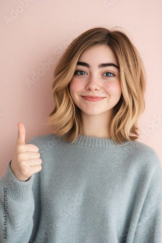 Wallpaper Mural Blonde Woman Smiling and Giving a Thumbs Up in a Grey Sweater Against a Peach Background Torontodigital.ca