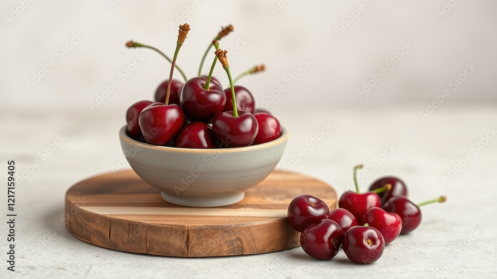 A bowl of fresh, ripe cherries sits on a wooden board, accompanied by a few more cherries scattered nearby. A bowl of fresh, ripe cherries sits on a wooden board, accompanied by a few more cherries scattered nearby.
