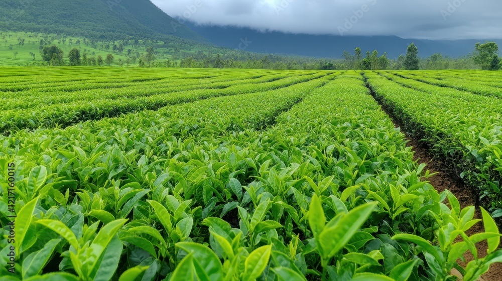 Lush Green Tea Plantations Under Dramatic Cloudy Skies Surrounded by Mountains in a Scenic Landscape with Vibrant Green Foliage and Rolling Hills Lush Green Tea Plantations Under Dramatic Cloudy Skies Surrounded by Mountains in a Scenic Landscape with Vibrant Green Foliage and Rolling Hills