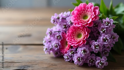 Hand-tied pink and purple flower bouquet on wooden surface with empty space for text