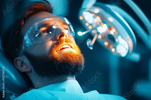 A person sitting in a dentist chair, staring blankly at the ceiling while the dentist works diligently, showing no reaction to the procedure photo