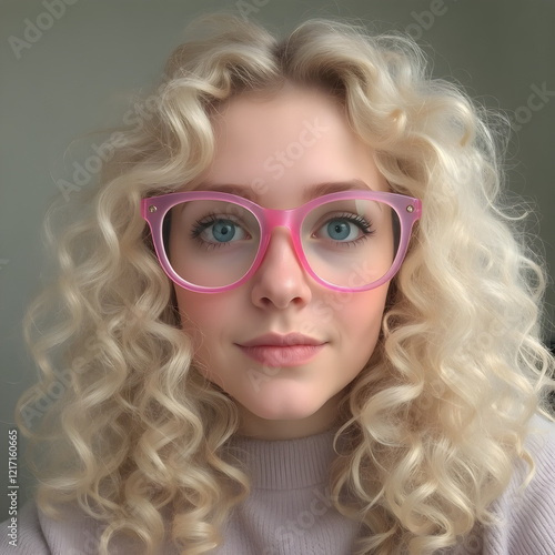 Una chica adorable con un bello semblante y coquetos anteojos de color rosa. photo