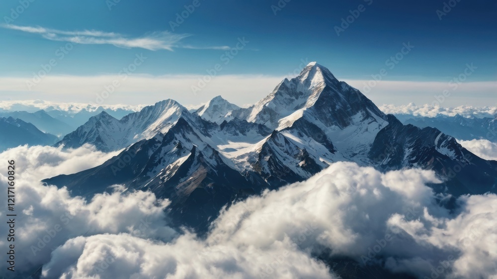 Breathtaking View of Snow-Capped Mountain Peaks Emerging from the Wispy Clouds Beneath a Bright Blue Breathtaking View of Snow-Capped Mountain Peaks Emerging from the Wispy Clouds Beneath a Bright Blue