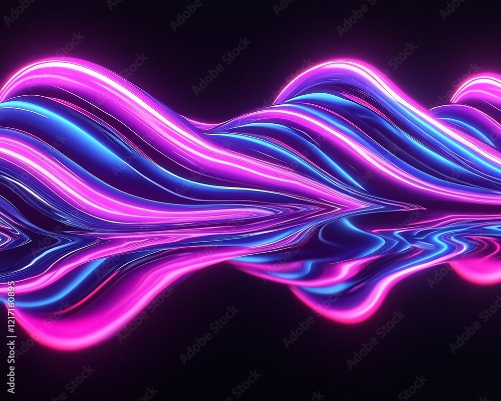 Naklejka premium Luminous neon waves swirling over a black reflective surface for a futuristic vibe