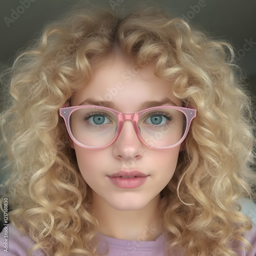 Una preciosa mujer con un rostro radiante y elegantes gafas rosadas. photo