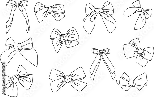 Decorative ribbon hair bows collection in sketch doodle style. Vector illustration
