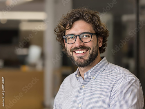 Portrait en gros plan d’un jeune homme souriant, homme d’affaires souriant et regardant la caméra, financier ou investisseur travaillant dans un bureau, satisfait des résultats obtenus.
