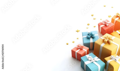 Colorful gifts, white background, stars, celebration, web banner