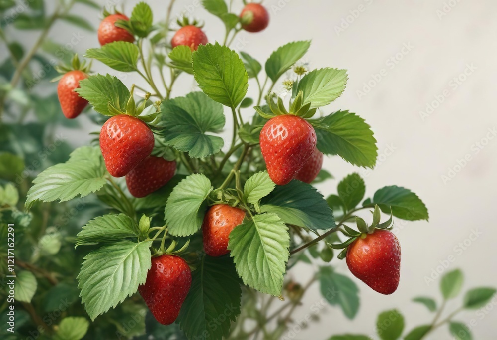 Close-up of watercolor strawberry plant with green foliage and blossoms, seasonal, organic, agriculture Close-up of watercolor strawberry plant with green foliage and blossoms, seasonal, organic, agriculture
