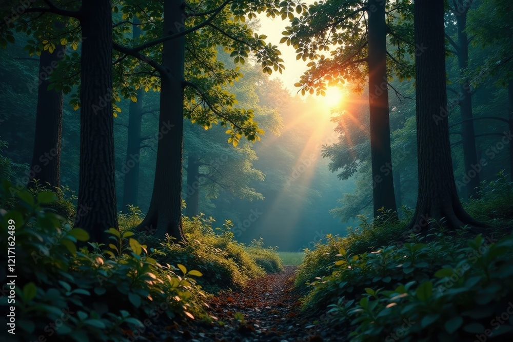 Fototapeta premium Dense forest foliage sways gently in the fading light, forest, twilight