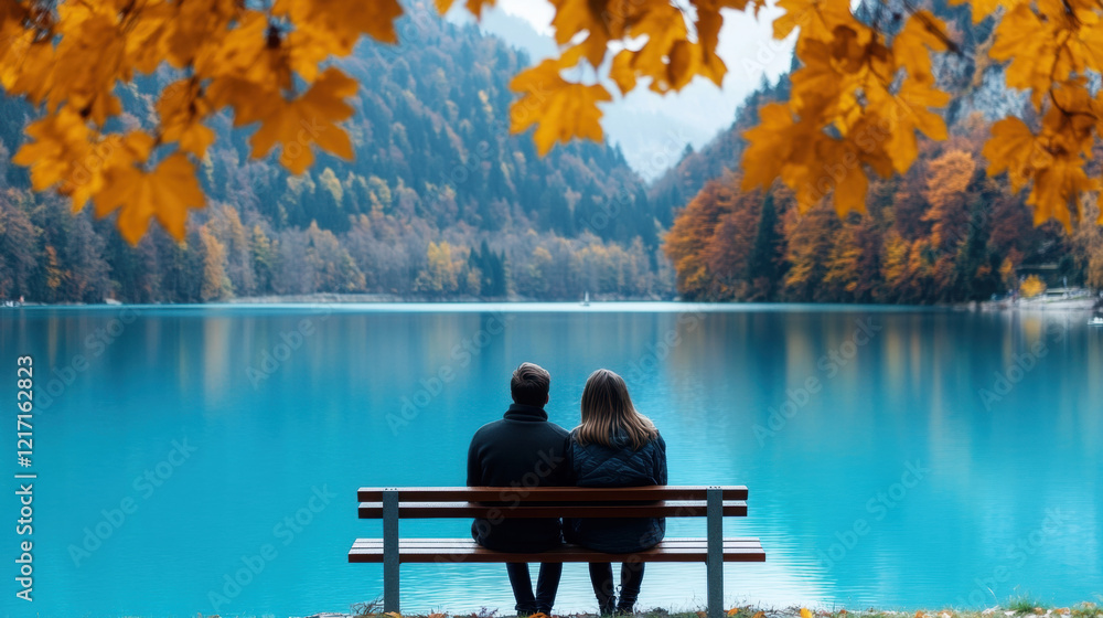 Fulfillment, A couple enjoys a serene moment sitting on a bench by a picturesque lake, captured in high fidelity detail. Fulfillment, A couple enjoys a serene moment sitting on a bench by a picturesque lake, captured in high fidelity detail.