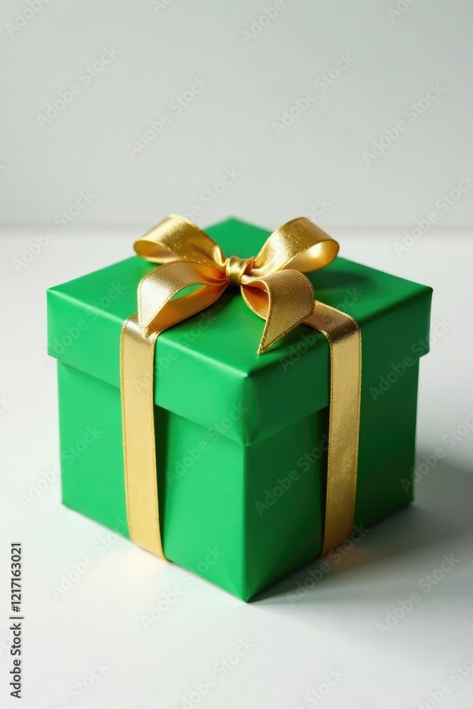 Obraz premium Delicate golden ribbon wrapped around a green Christmas gift box on a white background, festive decoration, green christmas gift box