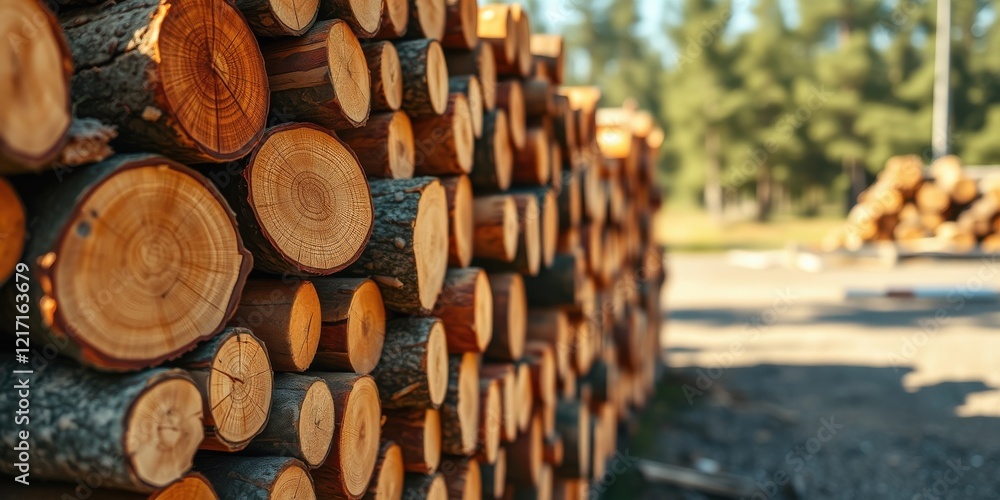 A stack of neatly arranged tree logs, showcasing the natural beauty of wood grain and texture in sunlight A stack of neatly arranged tree logs, showcasing the natural beauty of wood grain and texture in sunlight