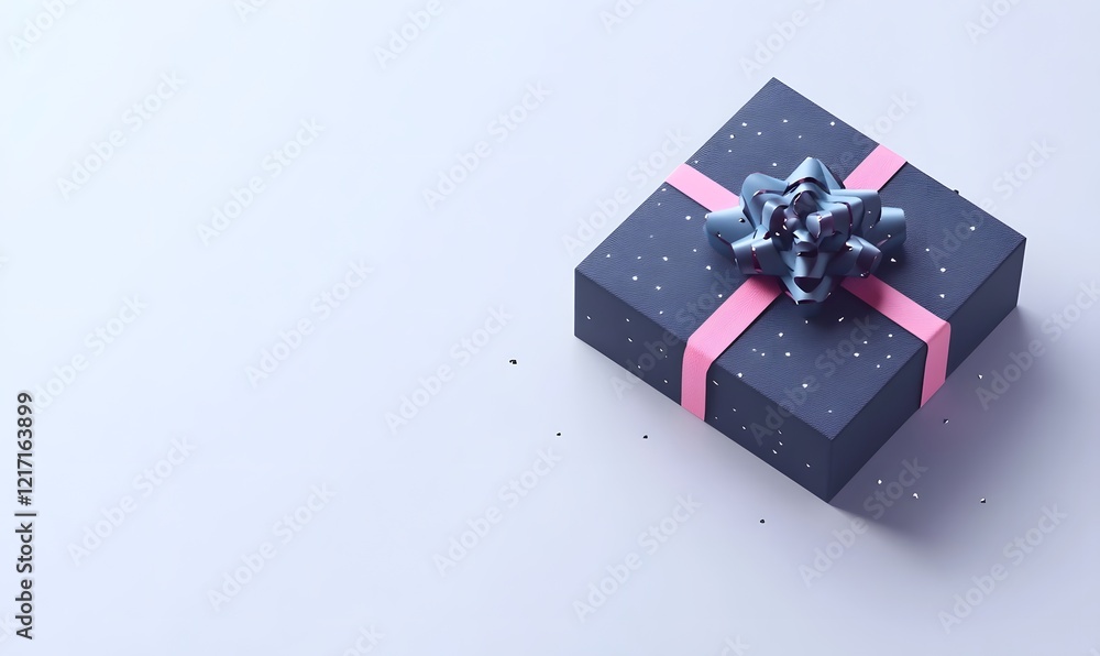 Obraz premium Dark gift box, pink ribbon, confetti, studio background, holiday