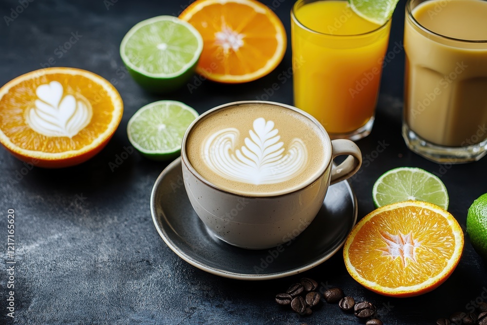 Latte art, citrus fruits, juice, dark background, cafe menu Latte art, citrus fruits, juice, dark background, cafe menu