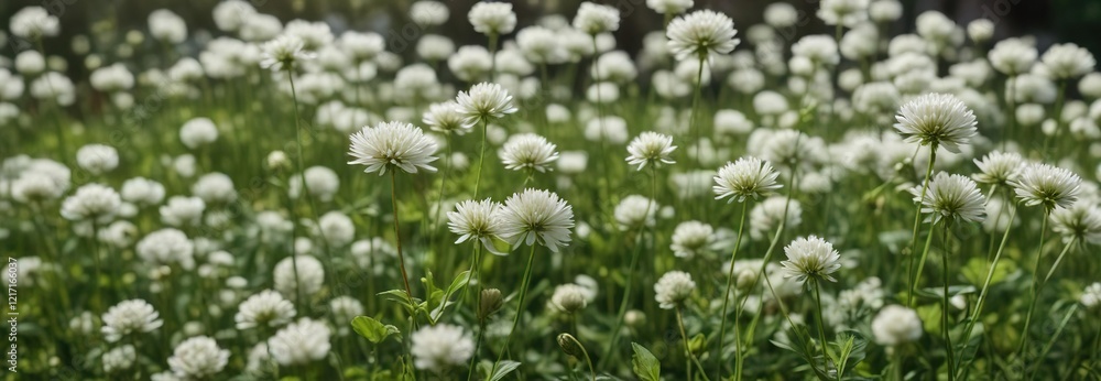 Close-up of white clover flowers in full bloom, texture, close-up, season Close-up of white clover flowers in full bloom, texture, close-up, season