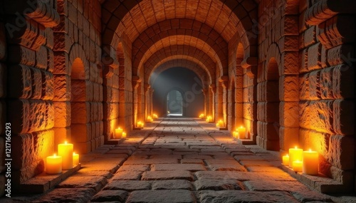 Ancient stone hallway with rows of candles casting a warm glow, peaceful ambiance, soft radiance photo