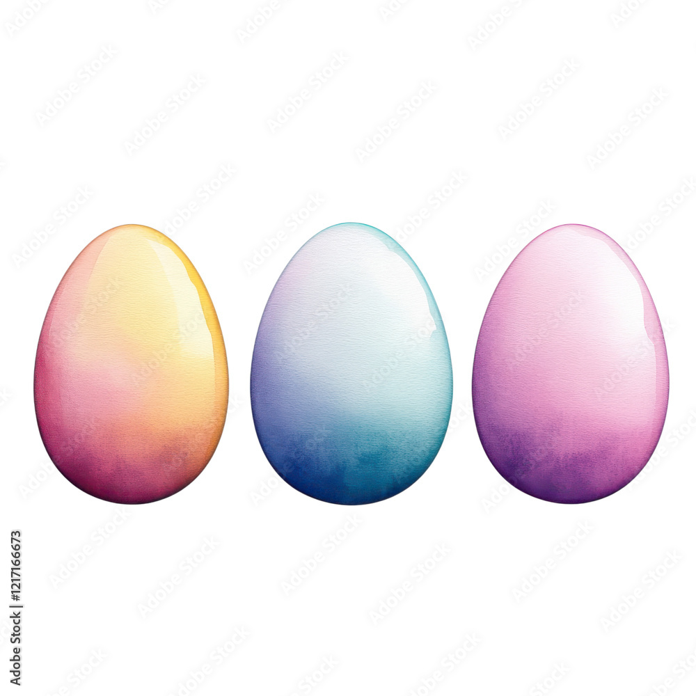 Three pastel-colored eggs in soft hues of orange, blue, and pink, arranged in a row. Three pastel-colored eggs in soft hues of orange, blue, and pink, arranged in a row.