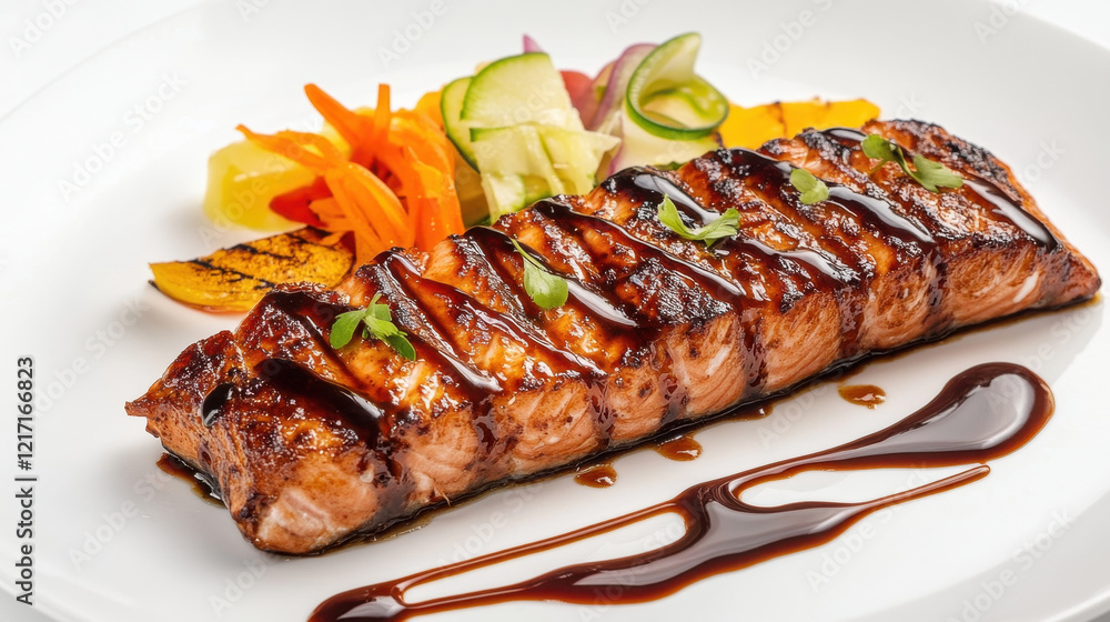 Grilled Salmon with Glaze: A succulent grilled salmon fillet, glistening with a savory glaze, is artfully presented on a plate with grilled vegetables. Grilled Salmon with Glaze: A succulent grilled salmon fillet, glistening with a savory glaze, is artfully presented on a plate with grilled vegetables.