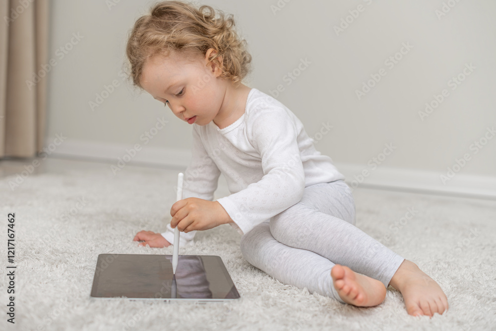 Little girl using a tablet in a cozy home environment. A small child playing with a tablet in a comfortable home setting.