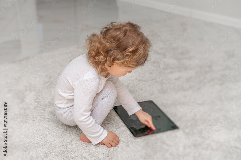 Little girl using a tablet in a cozy home environment. A small child playing with a tablet in a comfortable home setting.