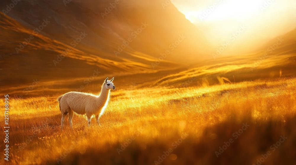 Naklejka premium Serene Alpaca in Golden Sunlight Landscape