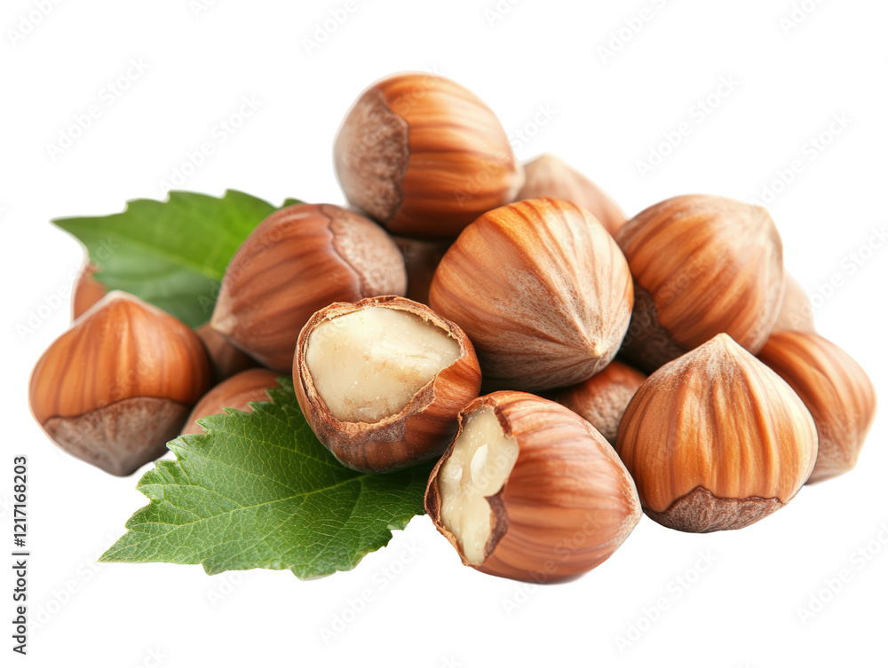 Isolated Pile of Hazelnuts with Leaves Isolated Pile of Hazelnuts with Leaves