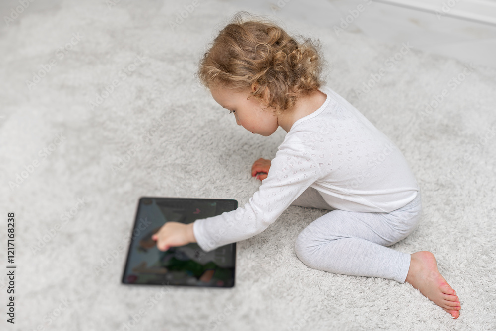 Little girl using a tablet in a cozy home environment. A small child playing with a tablet in a comfortable home setting.