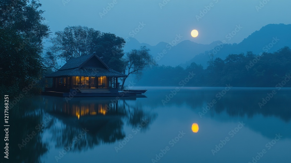 Obraz premium Moonlit lake house, tranquil scene, misty mountains, night reflection, serene escape