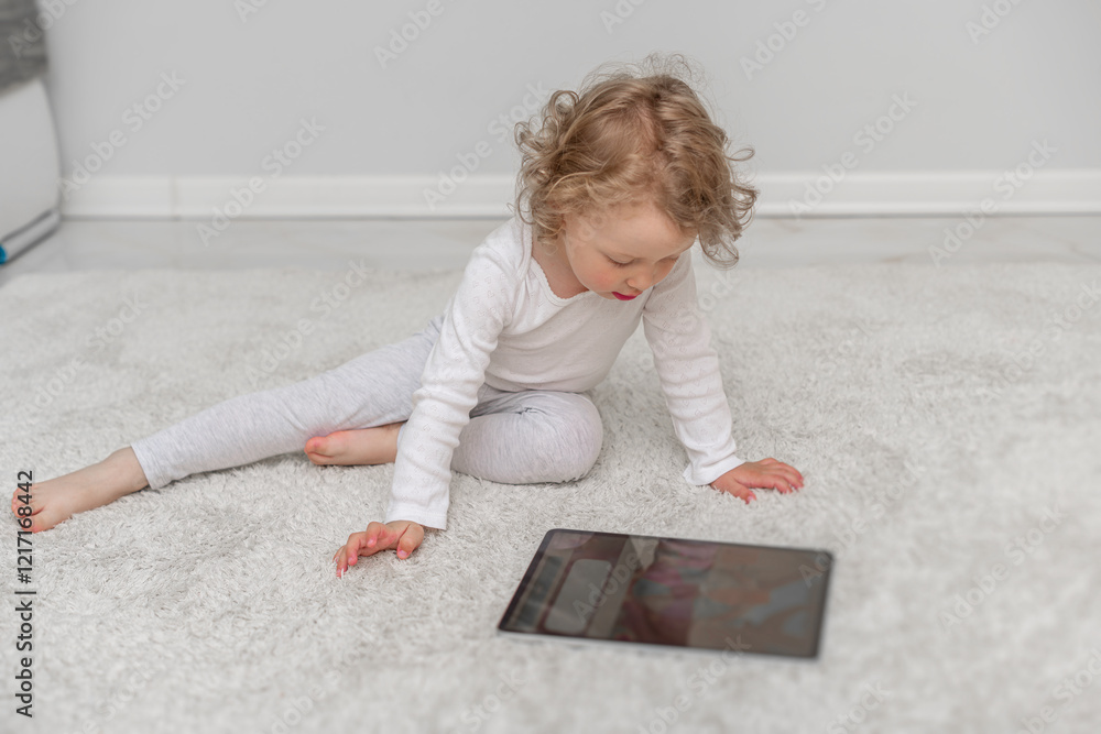 Little girl using a tablet in a cozy home environment. A small child playing with a tablet in a comfortable home setting.