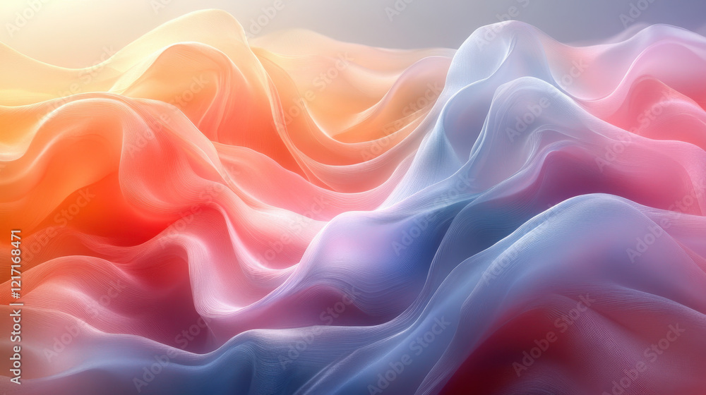 Soft waves of translucent pastel colors blend into serene landscape, creating calming and dreamy atmosphere. gentle curves evoke sense of tranquility and beauty Soft waves of translucent pastel colors blend into serene landscape, creating calming and dreamy atmosphere. gentle curves evoke sense of tranquility and beauty
