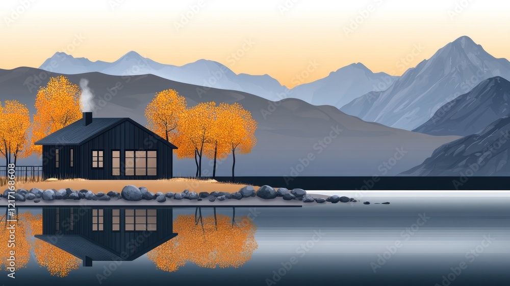 Fototapeta premium Cozy cabin lake autumn mountains sunset reflection postcard