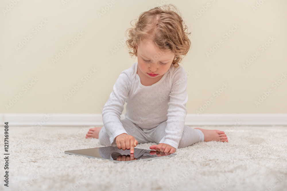 Little girl using a tablet in a cozy home environment. A small child playing with a tablet in a comfortable home setting.