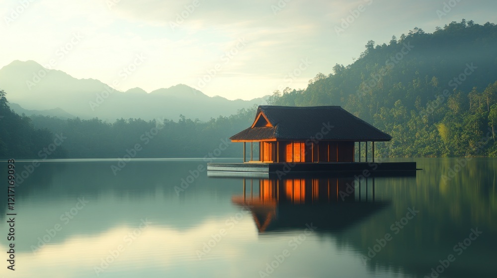 Sunrise lake house, tranquil mountains, reflection, peaceful getaway Sunrise lake house, tranquil mountains, reflection, peaceful getaway